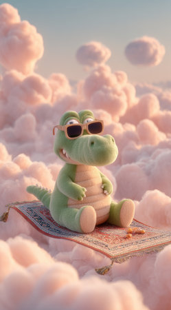 A whimsical illustration depicts a friendly dinosaur character wearing sunglasses, seated on a patterned carpet. The scene takes place amongst soft, pink and white clouds, suggesting an ethereal atmosphere. The composition utilizes soft lighting and a cartoon style, ideal for various design projects, or editorial content.の素材