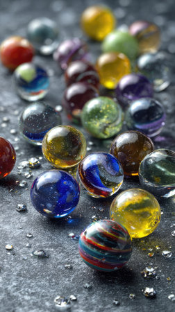 A collection of vibrant glass marbles is scattered across a dark, textured surface. The marbles showcase a variety of colors and internal designs, reflecting light and creating visual interest. The composition features an overhead perspective, with potential uses for illustrative or decorative purposes. The textures and colors provide opportunities for creative design.の素材