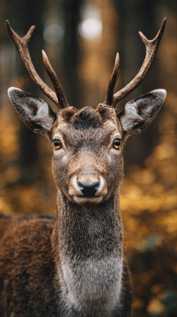 A close-up portrait captures a deer in a forest environment. The animal's brown fur contrasts with the blurred backdrop of yellow and brown foliage. The image showcases a balanced composition and natural lighting, suitable for various commercial and editorial purposes. The deer's antlers are prominently featured.の素材
