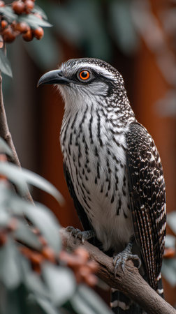 An avian subject is depicted perched on a branch, showcasing detailed plumage. The image highlights the bird's distinctive eye with a focus on natural lighting, creating a rich texture against a soft-focus background. The photograph's composition would suit diverse commercial and editorial applications.の素材