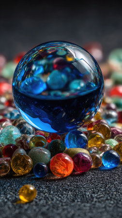 A large, clear glass sphere sits among numerous smaller, multicolored marbles. The sphere reflects the surrounding scene, creating a dynamic effect. The composition features a variety of colors and textures. Ideal for commercial projects, this image would be suitable for illustrating concepts or providing visual interest.の素材