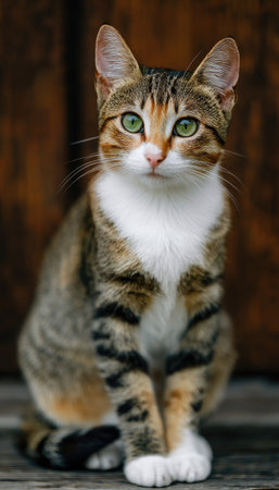 A tabby cat with a white chest and green eyes sits facing the camera. Its fur features a mix of brown, black, and cream colors, showcasing natural patterns. The lighting appears soft, possibly from an indoor setting, with a dark wood background. This image could be used for various pet-related commercial projects.の素材