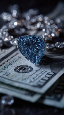 A close-up showcases a dazzling diamond alongside a diamond necklace resting on a stack of currency, suggesting prosperity. The composition features a shallow depth of field, enhancing the brilliance of the gems. Soft lighting creates subtle highlights. This image suits various commercial and artistic projects related to luxury and value.の素材