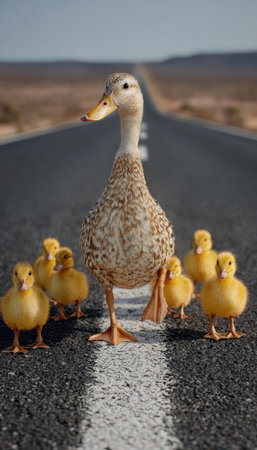 A duck leads a group of ducklings down a paved road. The scene features a mother duck and her young offspring, captured with soft lighting. The composition suggests an outdoor environment with an open road. Suitable for various editorial and commercial applications, the image offers a simple and natural subject.の素材