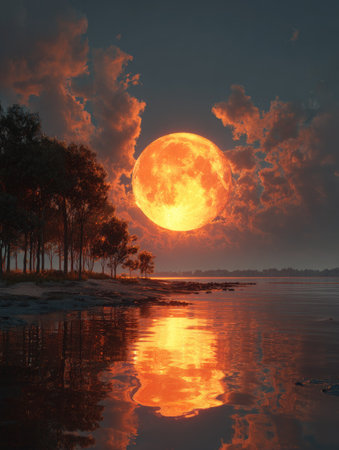 A large, glowing moon dominates the night sky above tranquil water. The scene features silhouetted trees along the shore, reflecting in the water's surface. Warm orange and red hues color the sky, clouds, and water, creating a visually striking landscape suitable for various design projects and illustrations.の素材