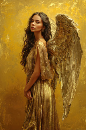A woman stands, adorned in a golden gown and feathered angel wings, against a textured yellow backdrop. The image is composed with a soft lighting effect. Its features may be suitable for various editorial or artistic applications. The visual elements include depth, highlighting the woman's features.の素材
