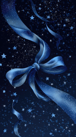 A digital illustration showcases a swirling blue ribbon tied in a bow. The composition features a dark backdrop with scattered stars and shimmering particles, creating a dreamy, celestial atmosphere. This artwork, rendered with soft textures and gradients, is suitable for various decorative or conceptual design projects, offering potential for print and digital applications.の素材