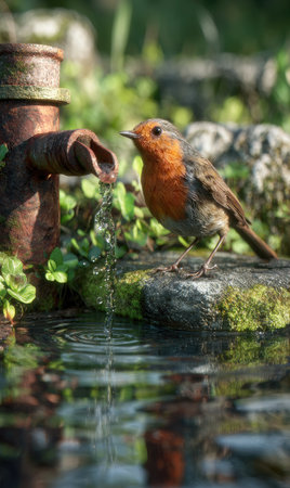 A European robin stands near flowing water from a rusty tap. The scene showcases detailed textures of the bird's feathers and the tap's aged appearance. Natural light illuminates the setting, with green vegetation and reflections in the water. Suitable for various commercial and editorial projects.の素材