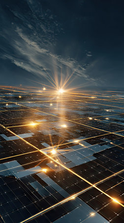 This image depicts a digital rendering of a futuristic cityscape. It features a grid of interconnected lines with glowing accents, possibly representing technological networks. The composition has an elevated perspective with atmospheric lighting, suggesting a distant horizon. The image could be used for creative projects or concepts related to technology.の素材