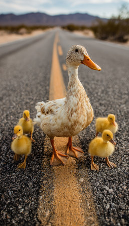 A duck and its ducklings are captured on a road with a desert backdrop under a bright daylight setting. The composition emphasizes the animals' textures and plumage. This image could be used for editorial features or advertising projects focusing on nature, wildlife, or family.の素材