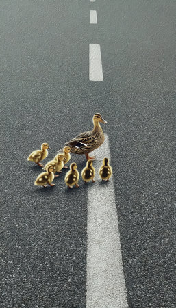 A mother duck and her ducklings walk along a road marked with a white center line. The scene features a slightly elevated viewpoint under natural daylight. The composition emphasizes a sense of journey. This image could be used in various commercial and editorial projects.の素材
