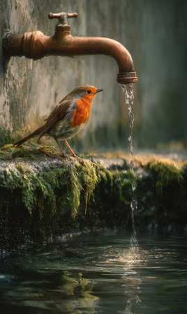 A robin bird perches next to a weathered water faucet with flowing water. The scene features a detailed composition with soft lighting and a shallow depth of field. This image showcases natural elements with a touch of artistic style, suitable for various commercial applications.の素材