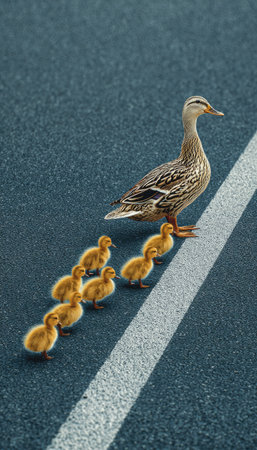 A mother duck leads her ducklings across a road marked with a white line. The image features a warm color palette with yellow and brown tones. The composition includes overhead lighting and a textured surface. It is suitable for various editorial and commercial applications, with copy space available.の素材