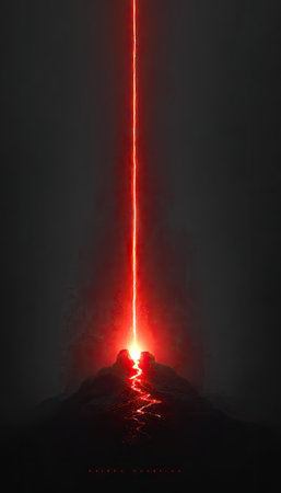 A vivid red light beam streaks downward, illuminating a dark and indistinct foreground resembling mountainous terrain. The scene features a high contrast, with the red light standing out against a deep, dark background. This visually compelling image could be used for various commercial and artistic purposes.の素材