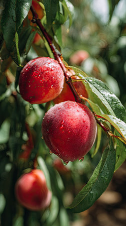The image presents close-up views of peaches hanging from a tree branch. The fruits display a vibrant red hue, contrasted by green leaves. Water droplets suggest a natural, possibly outdoor, setting. This image could be used for various commercial and editorial purposes related to food or nature themes.の素材