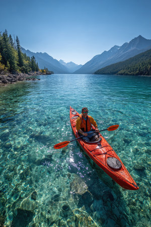 A person paddles a kayak across crystal-clear water, set against a backdrop of towering mountains. The image captures a sunny day with brilliant blue skies reflected on the water. The composition features vibrant colors and a sense of peacefulness, suitable for outdoor recreation projects or travel publications.の素材
