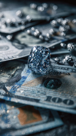 A large diamond sits atop several hundred dollar bills in this image. The composition features a close-up view, showcasing the diamond's reflective surface and the textured paper. The overall tone is cool, with bluish tones and overhead lighting. This image could be used for commercial or editorial projects.の素材