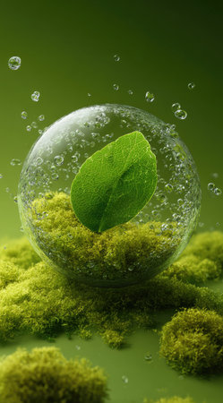 A vibrant green leaf is contained within a transparent glass sphere, surrounded by water droplets. The sphere rests upon a bed of textured green moss, creating a naturalistic scene. The composition features soft lighting and a shallow depth of field, suitable for various commercial and editorial applications.の素材