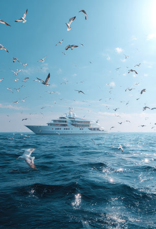 A large, white yacht cuts through the blue ocean under a bright sky. Many seagulls soar around the vessel, creating a sense of freedom. The scene is bathed in natural light with the water reflecting sun. Suitable for travel, leisure, and lifestyle content, offering potential for various commercial projects.の素材