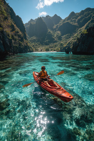 A kayaker navigates clear turquoise water, framed by towering mountains. The red kayak contrasts with the water's hues. Sunlight illuminates the scene, highlighting the textured surface and surrounding natural environment. Suitable for depicting adventure, travel, or outdoor activities in various commercial contexts.の素材