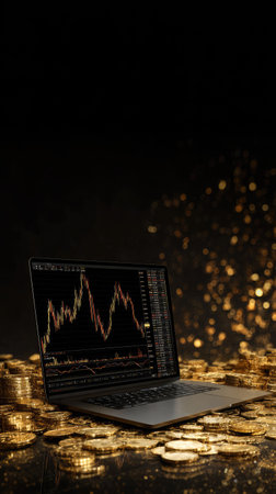 A laptop displays a financial graph, set against a black backdrop and golden coins. The image presents a dark, contrasted composition with warm hues and highlights. Suitable for business and finance-related editorial and commercial projects. The setting suggests a conceptual representation of wealth and investment.の素材