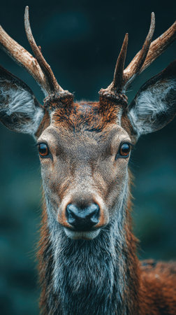 A detailed portrait showcases a deer with prominent antlers, set against a blurred background. The image uses a shallow depth of field to highlight the animal's face and features. Warm colors of the fur contrast with the cool tones, creating a balanced composition. This image could be used for wildlife, nature, and educational purposes.の素材