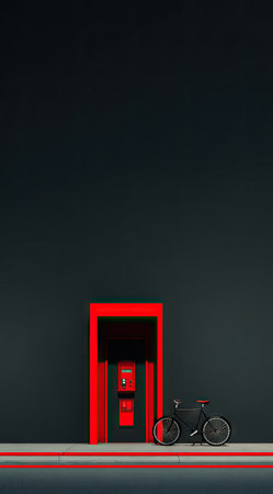 A black bicycle stands before a red doorway set against a dark gray backdrop. The composition employs a minimalist style, with the primary colors of red and black creating visual contrast. The image features clean lines and a lack of extraneous detail, possibly suitable for conceptual or design applications.の素材