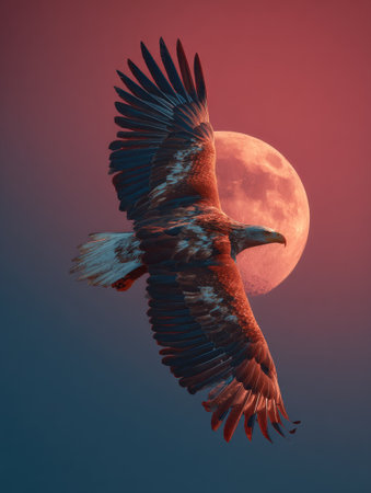 A powerful eagle is captured mid-flight with its wings spread wide. The image showcases intricate feather detail and a dramatic composition. The bird's silhouette contrasts against a vivid backdrop of red and blue hues, suggesting either dawn or dusk. This could be suitable for various editorial or decorative uses.の素材