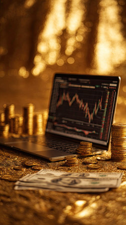 A laptop computer displays a financial chart, next to a collection of gold coins and dollar bills. The composition uses a shallow depth of field to emphasize the subject against a shimmering gold backdrop, suggesting wealth. This image is suitable for various commercial projects related to finance, business, and investment.の素材