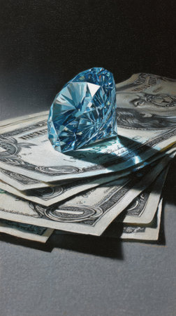 A large, faceted blue diamond sits prominently atop a pile of money in this image. The scene is well-lit, creating strong shadows that emphasize the textures of the objects. The composition focuses on the diamond and the currency. This image could be used for various commercial applications.の素材