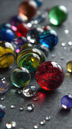 Various glass marbles with different colors and patterns are scattered on a textured, dark surface. The marbles reflect light creating highlights and shadows. The composition uses a shallow depth of field. This image could be used for educational materials, website design, or stock photography purposes.の素材