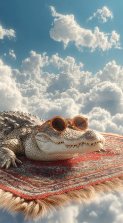 An alligator wearing sunglasses rests upon a patterned carpet, set against a backdrop of a bright, cloudy sky. The composition employs soft lighting and a digital art style. The image's whimsical nature suggests potential use in illustrative projects, advertising, or content related to fantasy.の素材