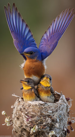 An Eastern bluebird, wings spread, hovers above two chicks in a meticulously crafted nest. The image captures a vibrant display of colors, with the adult bird showcasing brilliant blue and orange hues. The composition suggests a natural outdoor setting, ideal for editorial or illustrative purposes.の素材