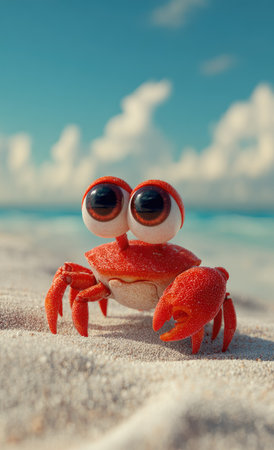 A vibrant cartoon crab with large eyes rests on a sandy beach. The crab features a bright orange shell and is set against the backdrop of a clear blue sky and ocean. The image showcases bright lighting and a playful composition suitable for various illustrative and commercial applications.の素材