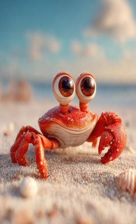 A cartoon crab is positioned on a sandy beach, its bright orange and white shell contrasting against the sand. The crab features large, expressive eyes and detailed textures. The composition suggests a sunny day setting near the coast, with a blurred background suitable for various design projects.の素材