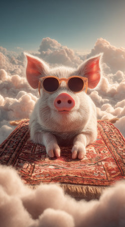A whimsical illustration depicts a pig wearing sunglasses, appearing to float above a sea of clouds. The image is characterized by soft textures, warm colors, and a dreamlike quality. The composition is likely suitable for various creative projects, including advertising and editorial content.の素材