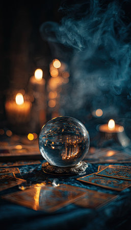 A crystal ball sits atop a table, surrounded by scattered cards and flickering candles. The scene features a dark, mystical ambiance with soft lighting and hazy atmospheric effects. This image can be utilized in various editorial or commercial projects related to spirituality or fortune telling.の素材