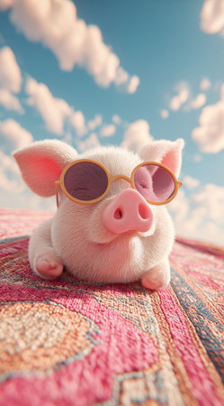 A cartoon pig, sporting sunglasses, reclines on a patterned surface. The image presents soft textures and a pastel color palette, dominated by pinks and blues. The setting suggests an outdoor scene with a bright, cloud-filled sky overhead. Suitable for diverse visual projects, the image offers versatility in creative applications.の素材