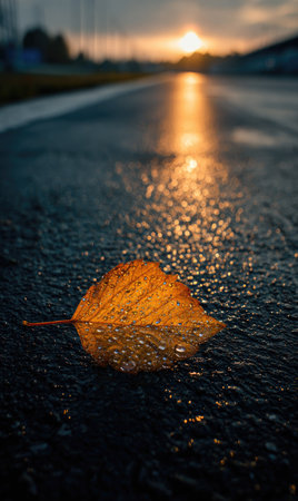 A close-up captures a single golden leaf lying on a wet road, reflecting the warm colors of a setting sun. The composition highlights the texture of the road and the delicate form of the leaf, bathed in soft light. The image suggests an outdoor setting, potentially useful for illustrative or editorial purposes.の素材