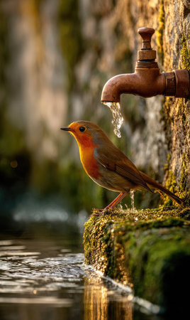 A European robin stands near a water fountain, its feathers highlighted by natural sunlight. The image showcases the bird in a calm environment, near running water. Its warm brown and orange hues contrast with the greens and textures of the surrounding stone. Suitable for various nature or wildlife-related commercial projects.の素材