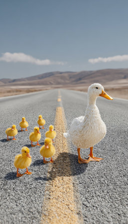 A white duck stands with its yellow ducklings on a road under a clear sky. The image displays the ducklings in different poses. The road stretches into the distance against a backdrop of brown hills and a blue sky. The scene likely implies a sunny day and the image is suitable for various visual communication projects.の素材