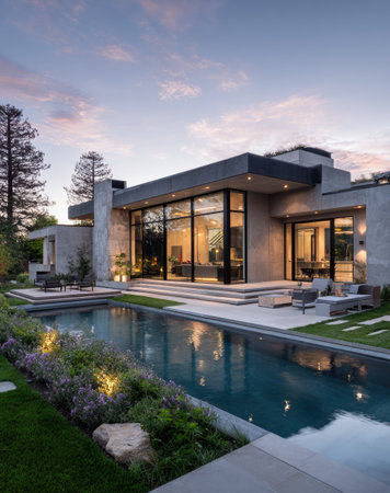 A contemporary home with a pool is presented in a dusk setting. The architecture shows clean lines, large windows, and a flat roof. The scene features a swimming pool, garden landscaping, and subtle lighting. This image could be used for real estate promotion, architectural design, or lifestyle content.の素材