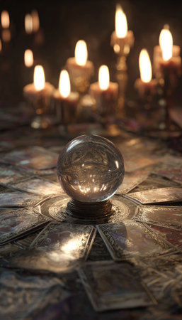 A crystal ball rests on a surface adorned with tarot cards, surrounded by glowing candles. The image showcases a moody atmosphere with warm lighting and a soft focus. This composition could be used for illustrations, editorial content, and various design projects.の素材