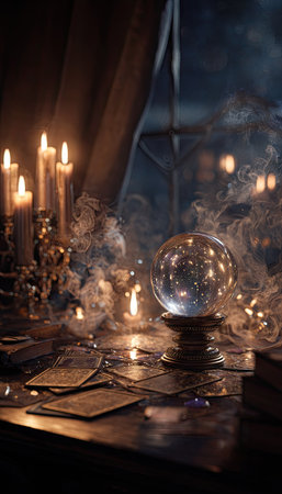 A glowing crystal ball sits on a table surrounded by burning candles and scattered cards. The scene is bathed in warm light from the candles, creating an atmosphere of mystery. The image features textures and tones, potentially useful for various commercial and editorial applications.の素材