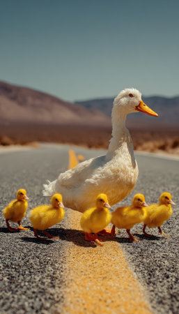 A mother duck leads her ducklings across a paved road under a clear blue sky. The scene features a family of ducks with bright yellow ducklings and a white duck. The composition, set against a blurred background of desert mountains, may be used for illustrative or educational purposes.の素材