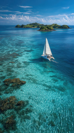 A sailboat is shown sailing across a vibrant turquoise ocean under a bright sky. The image highlights the boat's white sails and the clear water revealing coral reefs. This image could be used for commercial purposes, advertising, or editorial content to illustrate travel and leisure themes.の素材