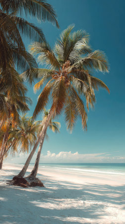 The image depicts a tropical coastal scene. Palm trees are featured prominently, with a bright blue sky and turquoise ocean in the background. The composition showcases natural light and shadows, and the beach is filled with fine, white sand. This scene could be used for travel advertisements or materials related to nature.の素材
