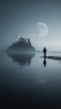 A solitary figure stands on a beach, observing a small island with trees under a large moon. The scene is bathed in cool tones, creating a misty atmosphere. The composition is balanced, with reflections in the water. This image could be used for various commercial projects.の素材