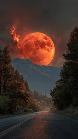 A large, red moon dominates the sky above a winding road leading towards distant mountains. The image showcases a moody atmosphere with dark clouds and forest silhouettes. The composition highlights the road's perspective and could be suitable for travel, fantasy, or environmental themes, offering creative applications.の素材