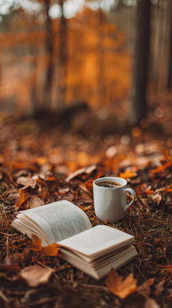 An open book and a coffee mug rest on a forest floor covered in fallen leaves. Warm colors dominate the scene, with a shallow depth of field blurring the background trees. The image suggests a peaceful moment and can be used for editorial content or commercial applications.の素材